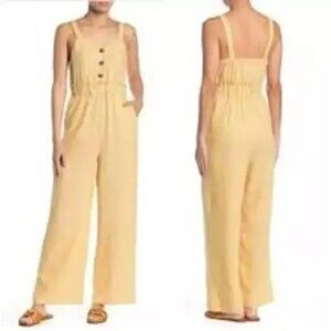 Romeo & Juliet Couture Mustard Yellow Jumpsuit L Wide Legs Pockets Adjustable
